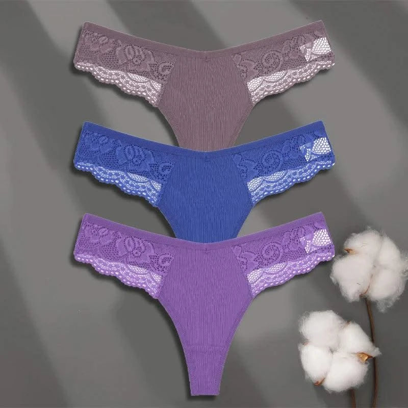 FINETOO 3Pcs Women's Cotton Underwear Lace Thongs Sexy Solid Color Low Waist Bikini Panties Ladies Breathable G-string Lingerie