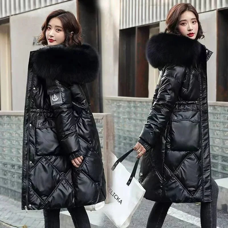 2025 Autumn Winter Hooded Fur Collar Long Parkas Mujer Thick Warm Down Cotton Padded Jacket Women Casual Hoodies Coat Female