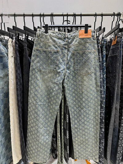 European Designer Jeans Men Ripped Holes Washed Baggy Pants New Fall Straight Fit Wide Leg Bottoms