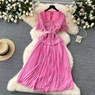 Designer 2025 Summer Pleated Chiffon Lace Long Dress Women Flower Embroidery Gold Button Belt Evening Party Dresses Wedding Robe