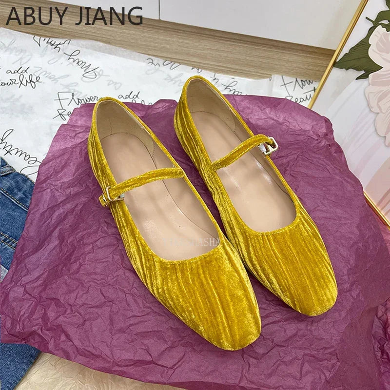 2025 Women Shoes Luxury Velvet Ballet Shoes Women Square Toe Flat Mary Janes Ladies Fashion Buckle Strap Velour Shallow Loafers