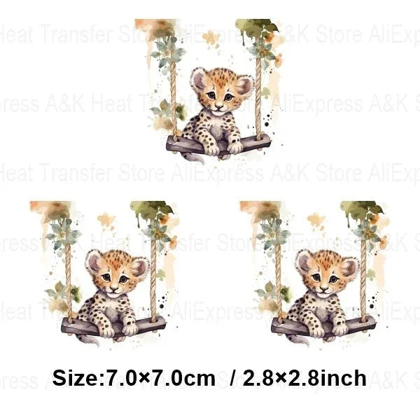 Baby Animal On Swings Heat Transfers For Kids Clothing Elephant Tigers Lion Stickers On Clothes Diy Thermal Patches Decals