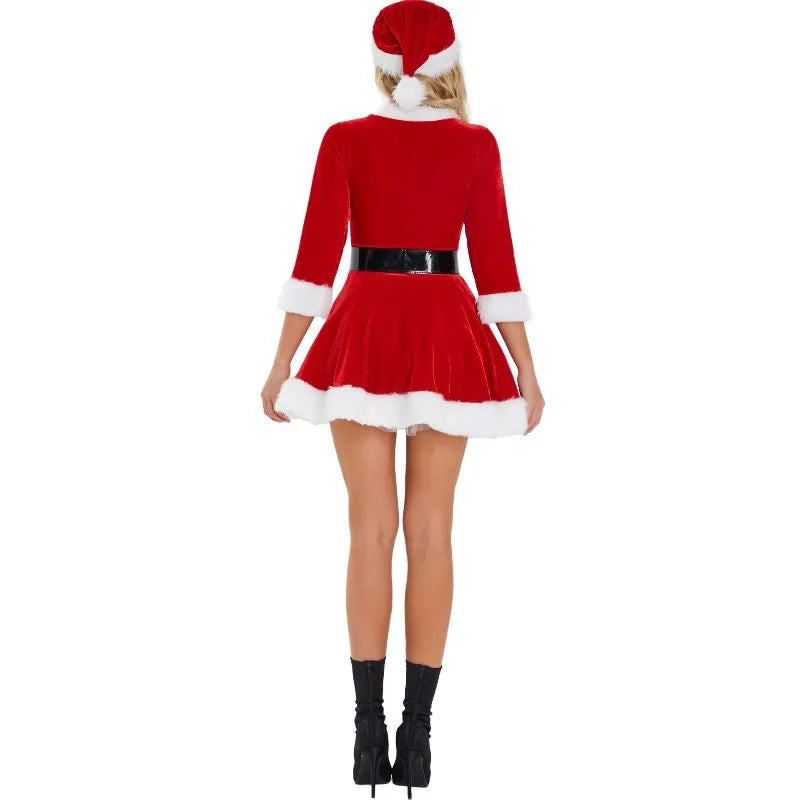 Christmas Women Dress Sexy Santa Costume Performance Outfit Adult Festive Cosplay Femininos Uniform Set with Hat Party Dresses