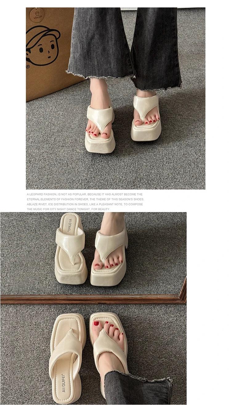 Women's Summer Outdoor Platform Sandals Flip Flops High Heel Thi Bot Clog oes Heightening Slippers Korean Sle PU Mat...