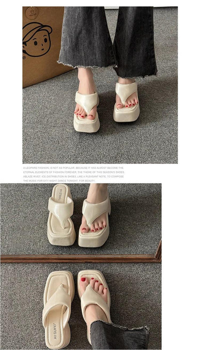 Women's Summer Outdoor Platform Sandals Flip Flops High Heel Thi Bot Clog oes Heightening Slippers Korean Sle PU Mat...