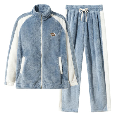 Men's Pajamas made of coral fleece, Plus Size 8XL, spliced, square collar, long sleeves, long pants, warm Sleepwear Set