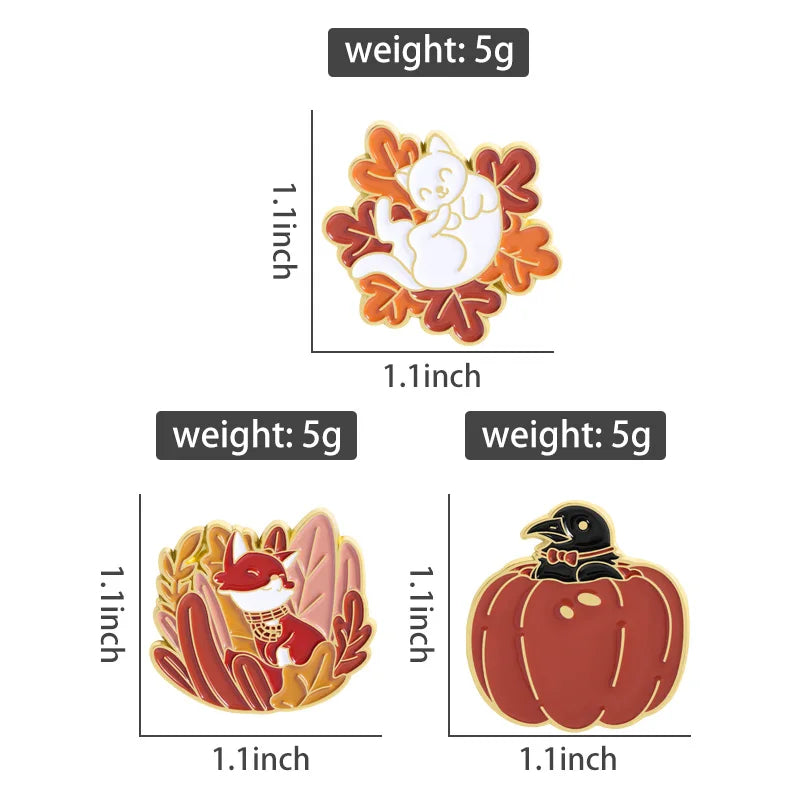 Thanksgiving Cute Cat Fox Lying On Maple Leaves Enamel Pins Cartoon Crow Pumpkin Metal Brooches Lapel Badge Jewelry Friends Gift