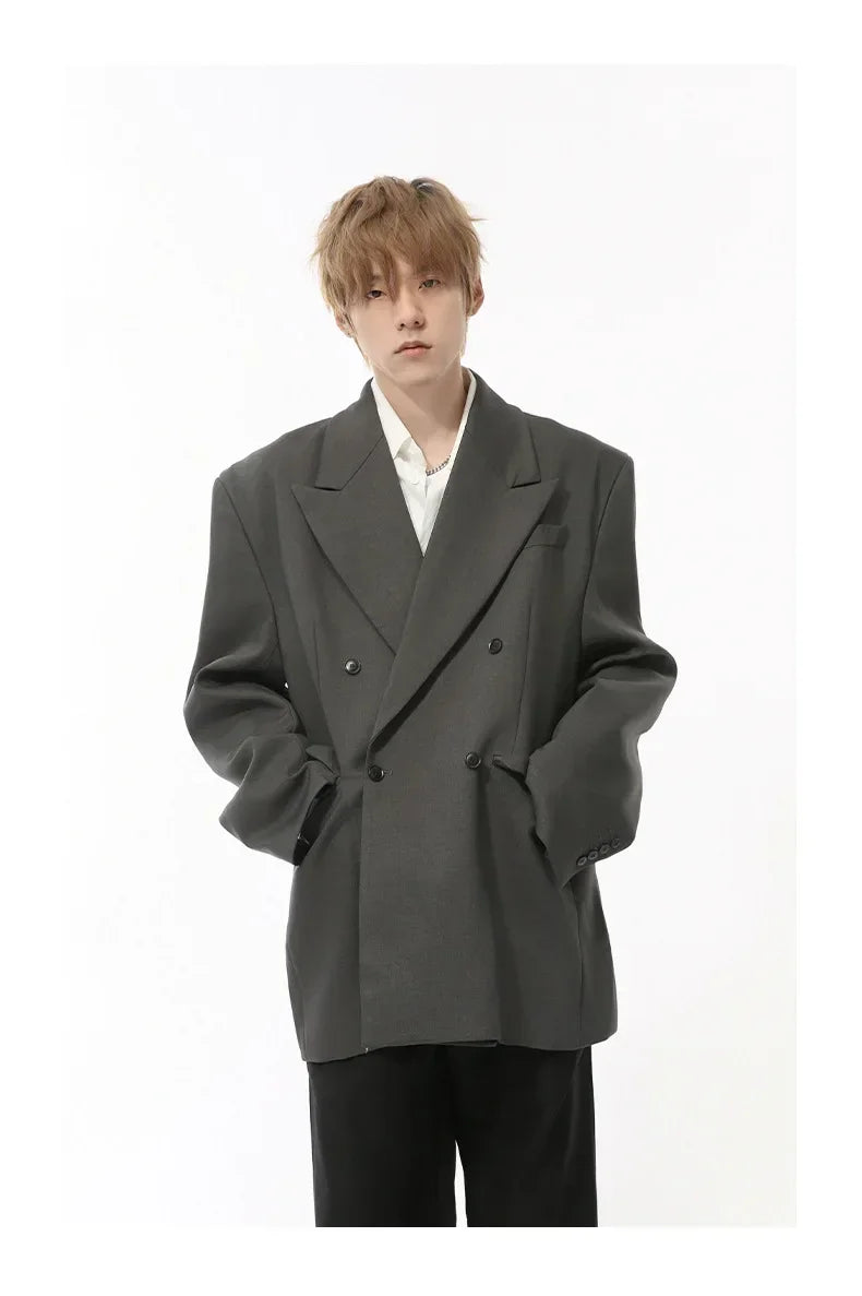 IEFB Korean Style Men's Blazers Double Breasted Shoulder Padded Tops Turn-down Collar Solid Color Loose Male Suit Jackets 9C8669