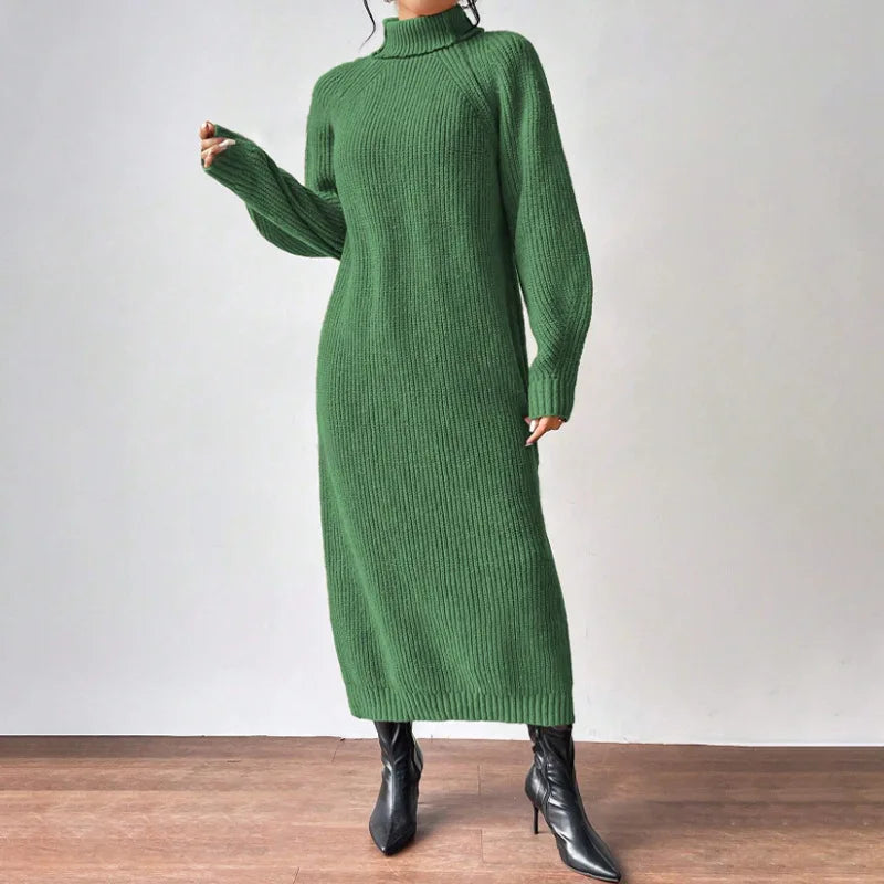 2025 New Winter Knit Dresses Women Turtleneck Straight Long Dress Autumn Solid Full Sleeve Thick Casual Vestidos Basis Lady
