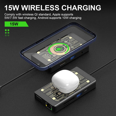 9in1 Wireless Charging Dock Multifunctional Docking Station with Wireless Charger Type C USB Hub for Phone/Pad/Laptop Expansion