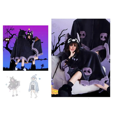 HHO-Cute Halloween Wearable Blanket Hoodie For Halloween Cosplay Soft Hooded Bat Cape