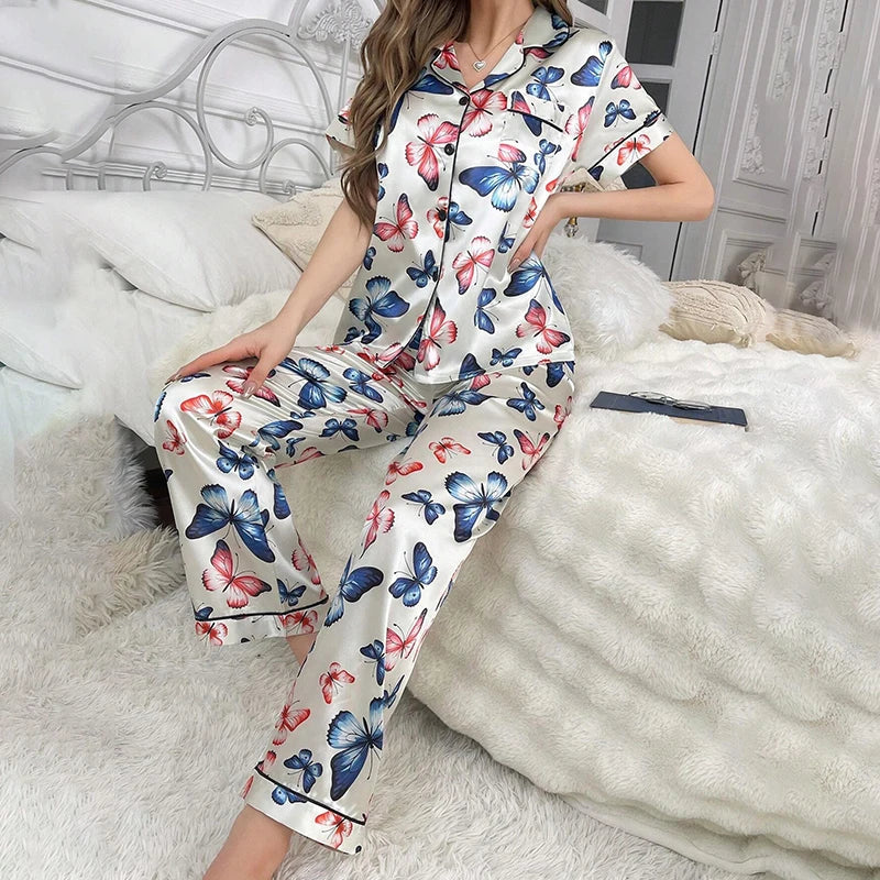Women's Pajamas Elegant Satin Sleepwear Pj Set Flower Print Short Sleeve Buttons Lapel Tops & Long Pants Nightwear Home Clothes