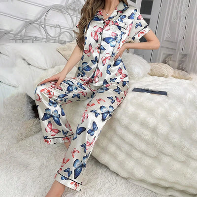 Women's Pajamas Elegant Satin Sleepwear Pj Set Flower Print Short Sleeve Buttons Lapel Tops & Long Pants Nightwear Home Clothes