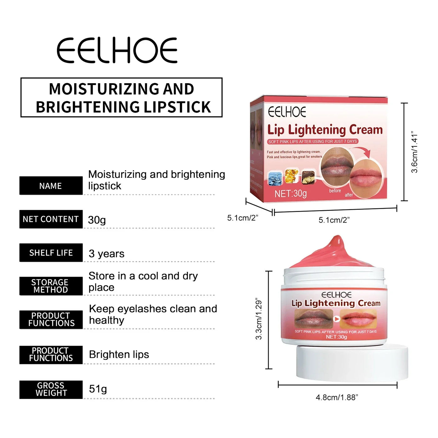 EELHOE Lip Lightening Cream Moisturizing Balm Whitening Brightening Nourishing Lipstick Remove Dark Lip Care Bleaching Cream 30g