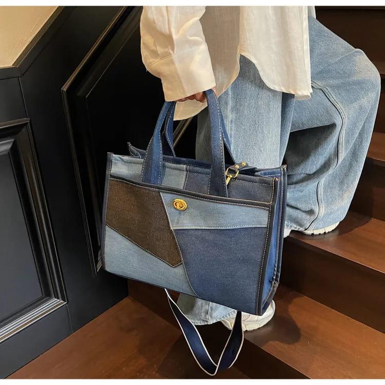 Designer colorblock canvas tote - oversized denim shoulder bag for women stylish work & casual crossbody purse