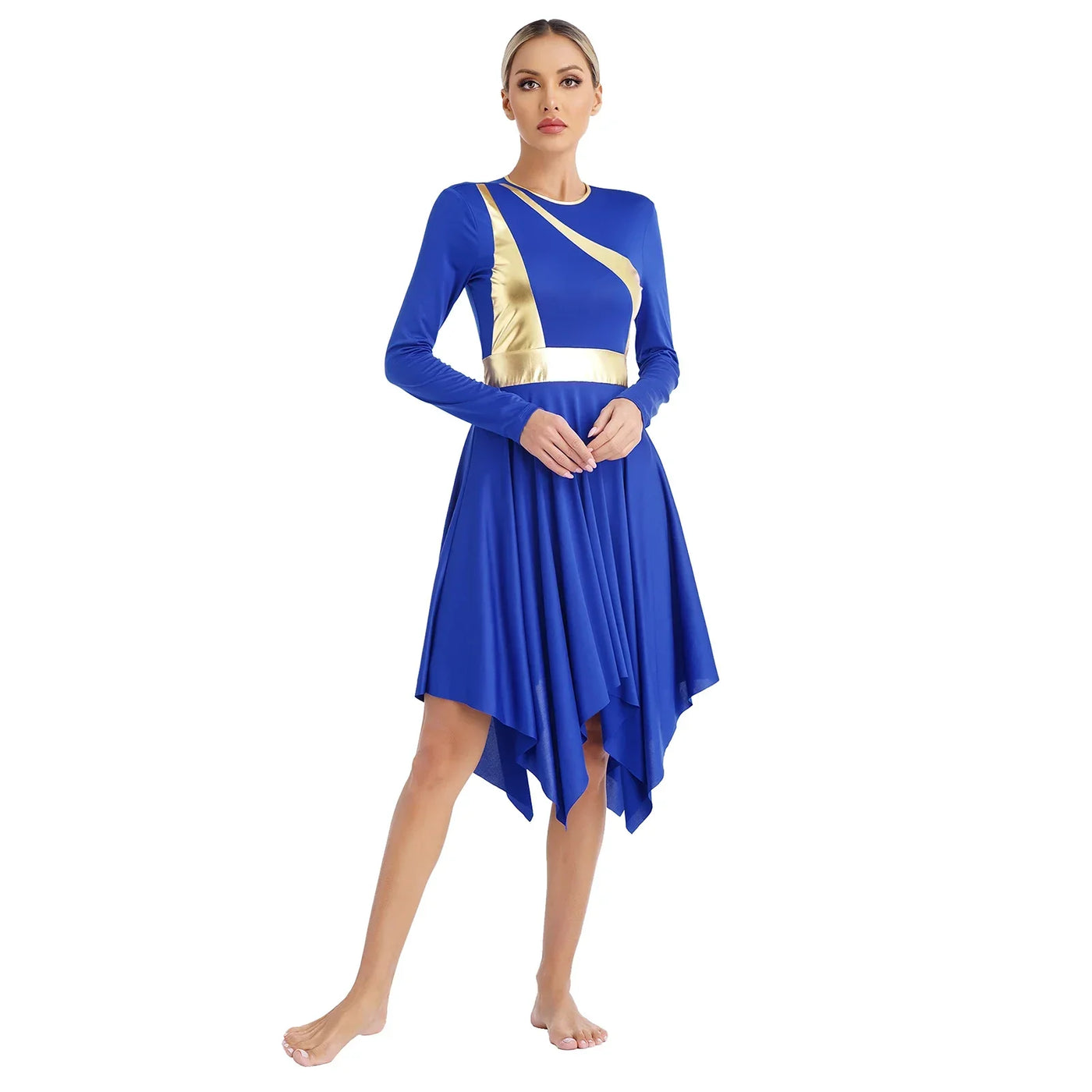 Women Church Choir Worship Liturgical Dress Modern Lyrical Dance Waltz Stage Performance Costume Long Sleeve Metallic Shiny Gown