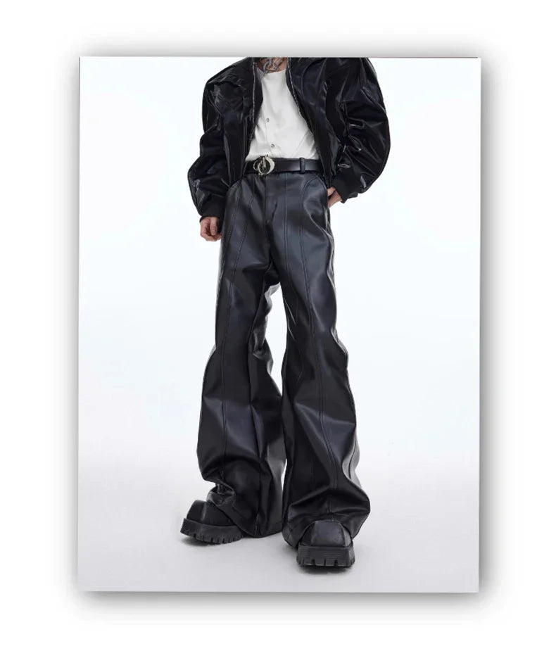 Mauroicardi Autumn Cool Handsome Long Black Matte Baggy Pu Leather Wide Leg Pants for Men High Waist Emo Luxury Designer Clothes