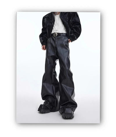 Mauroicardi Autumn Cool Handsome Long Black Matte Baggy Pu Leather Wide Leg Pants for Men High Waist Emo Luxury Designer Clothes