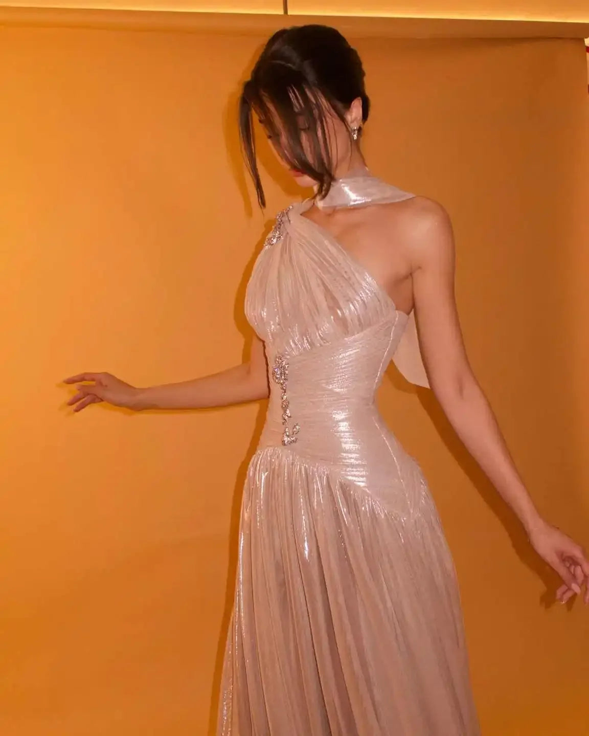 Sharon Said Elegant Rose Gold One Shoulder Evening Dress with Scarf Pleated for Women Wedding Party Prom Gowns SF235 Customized