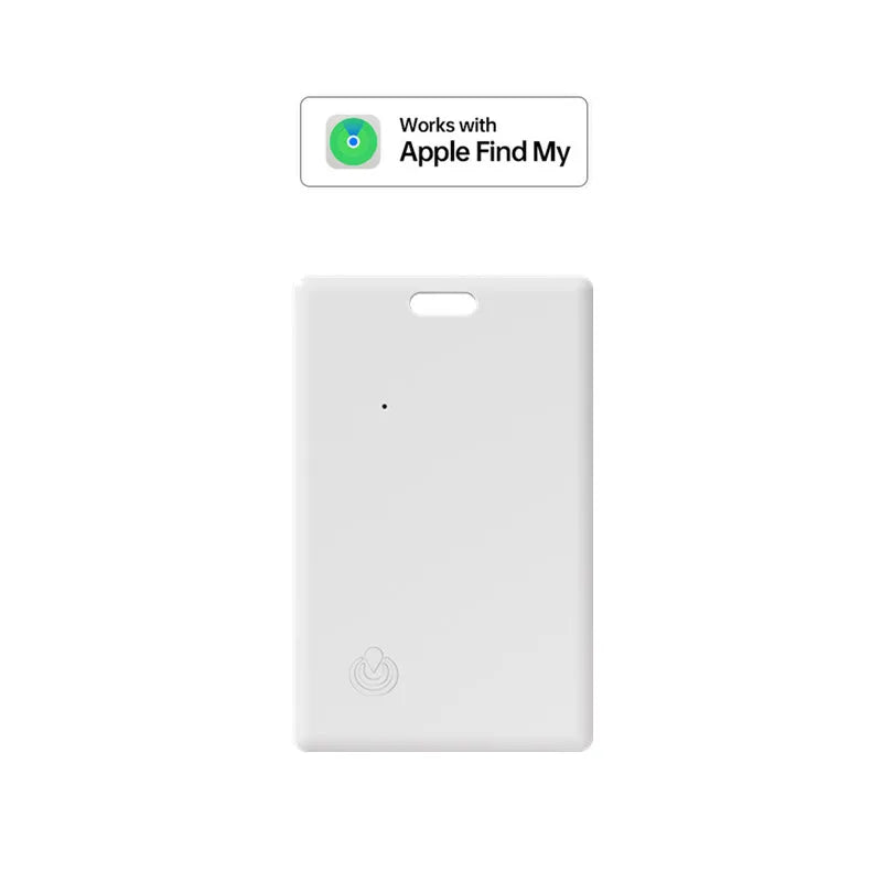 White AirTag tracker card with circular sensor for Find My app
