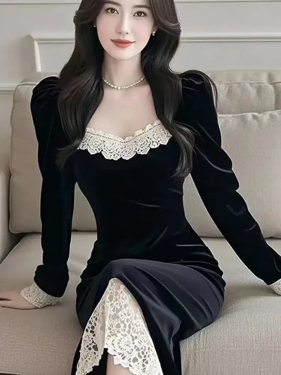 High Quality Red Velvet Dresses Women French Style Vintage Evening Party Vestidos Mujer Autumn Winter Elegant A-line Long Dress