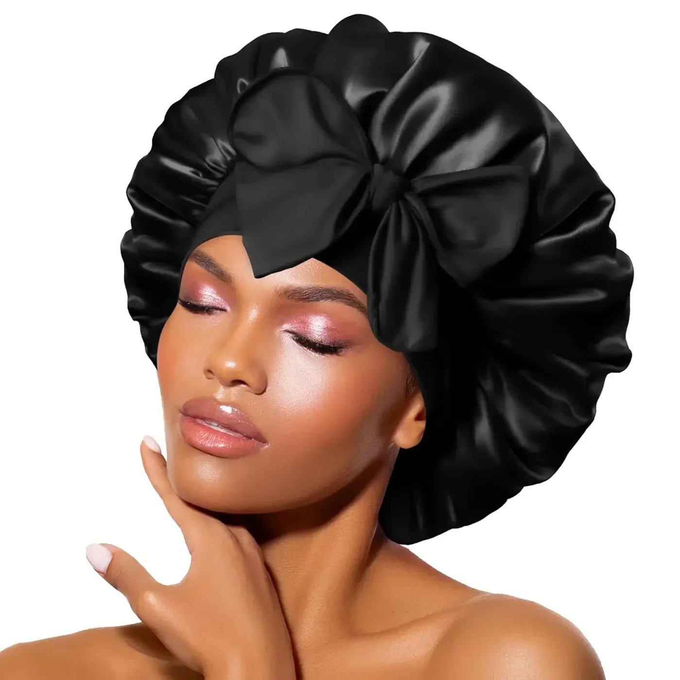 Silk Bonnet for sleeping Women Satin bonnet Hair Bonnet Night Sleep Cap Scarf wrap for Curly Hair with tie Band Black