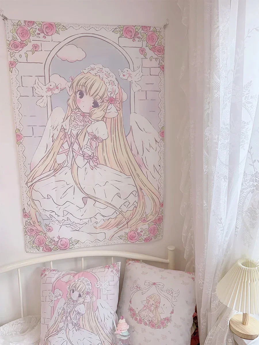 Cute Anime Girl Tapestry Background Cloth Home Decor Kawaii Girl's Room Decorating Items Cartoon Wall Hanging Pink Tapestry