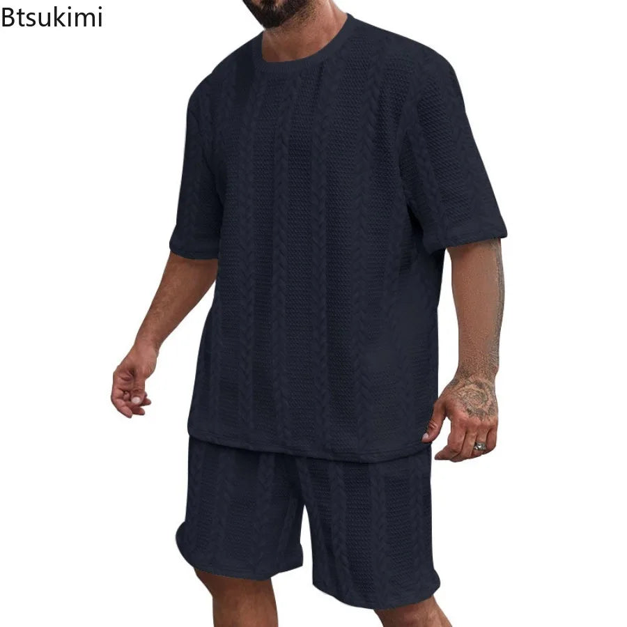 2025 Summer Casual Shorts Sets Knitted Jacquard Two Pieces Men's Tracksuit Solid O-neck Short Sleeve T-shirts+Shorts Streetwear