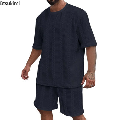 2025 Summer Casual Shorts Sets Knitted Jacquard Two Pieces Men's Tracksuit Solid O-neck Short Sleeve T-shirts+Shorts Streetwear