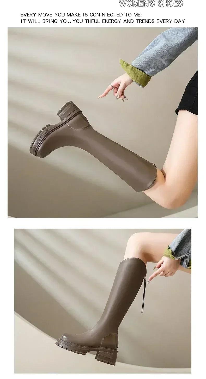 Long tube boots for women 2025 winter new height increasing knight thick heel retro versatile women’s