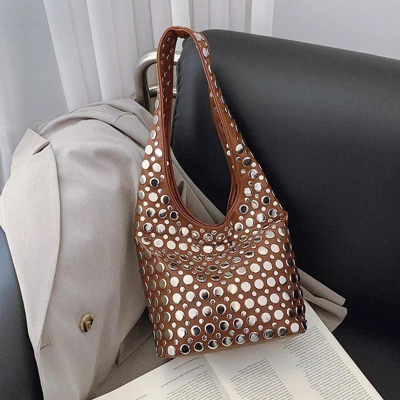 Designer geometric shoulder bag for women top brand handbag luxury shiny rivet handmade evening clutch fashion party