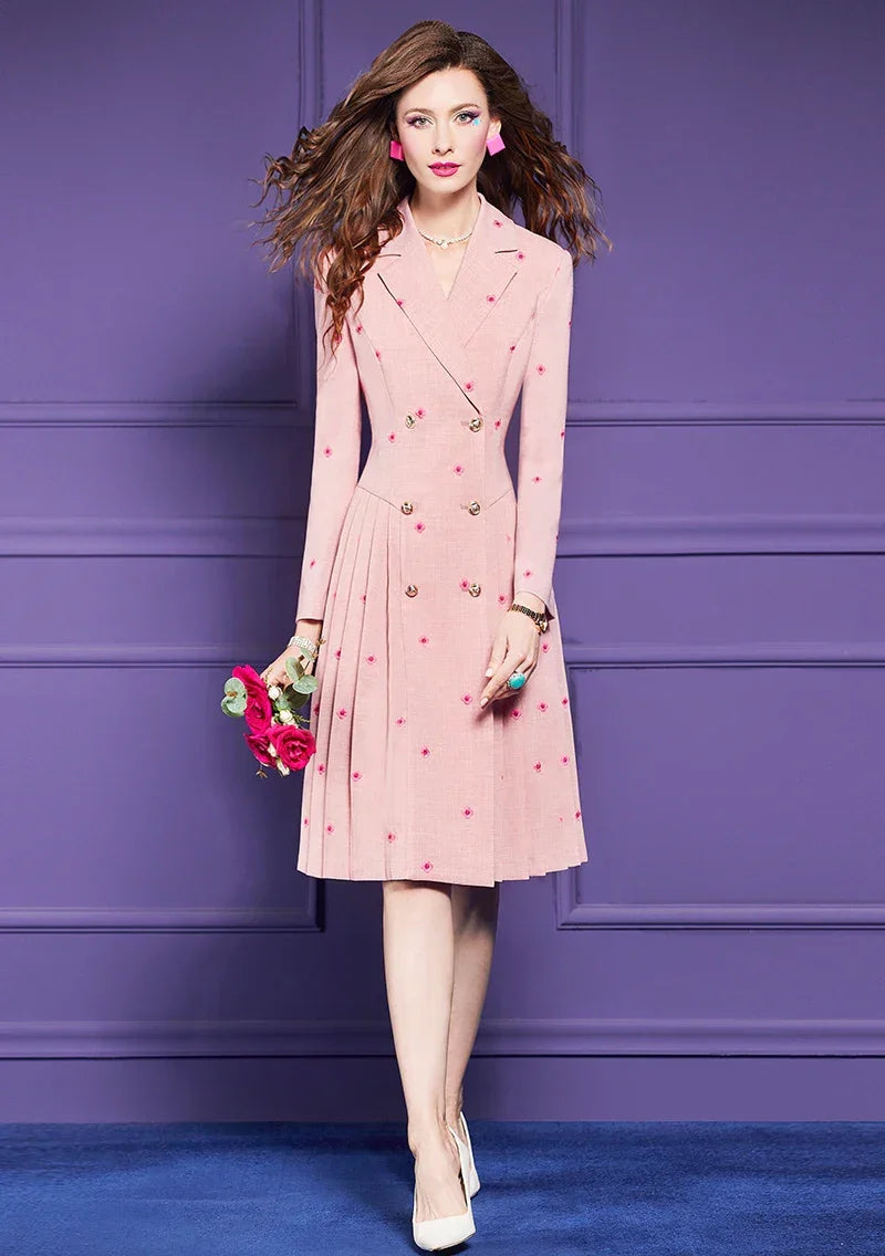 ZJYT New Fashion Women's Autumn Blazer Dresses Long Sleeve Embroidery Double Breasted Office Dress Plus Size Female Clothing