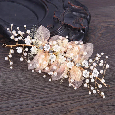 New Trendy Flower Hair Jewelry Gold Pearl Handmade Bridal Wedding Headband Rhinestone Hairband Women Hair Accessories Ornaments