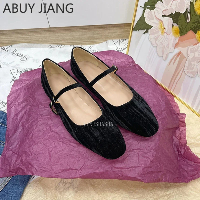 2025 Women Shoes Luxury Velvet Ballet Shoes Women Square Toe Flat Mary Janes Ladies Fashion Buckle Strap Velour Shallow Loafers
