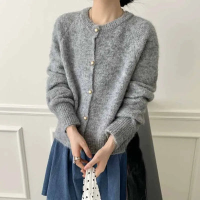 Autumn Winter Women's Knitted Jacket Solid Color Fuzzy Long Sleeve Button Sweater Cardigan Casual O-Neck Loose Soft Knitwear
