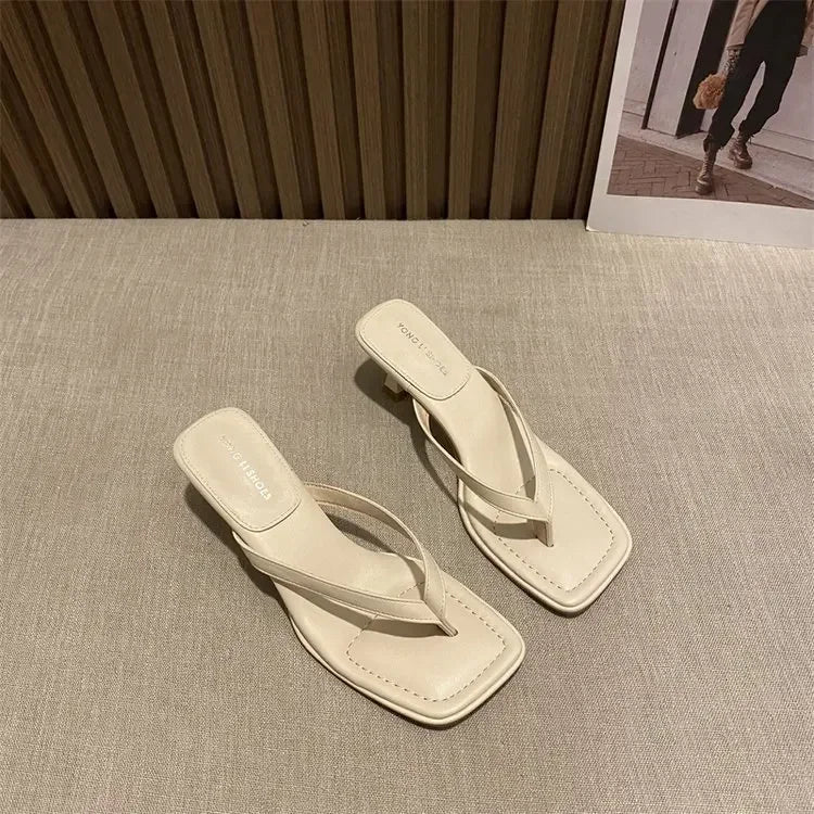 Flip Flops Women Summer Outside New Square Head Slim Heel Sandals Fashion Clip Toe Slippers Women Sandals Pantuflas De Mujer