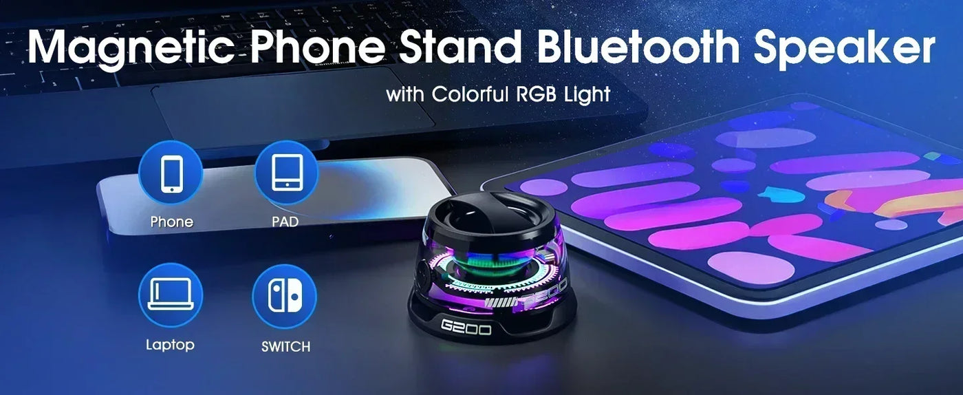 Bluetooth speaker with multiple RGB color lights and magnetic phone holder, suitable for showerrooms, bicycles, cars, and outdoo