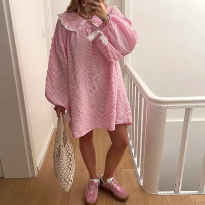 Gaono Women Y2K Gingham Babydoll Dress Puff Long Sleeve Plaid Mini Dress Peter Pan Collar Ruffle Short Dress Streetwear