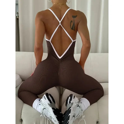 Women Seamless Sports Jumpsuit Ribbed Slim Running  Bodysuit Gym Workout Sportswear Fashion Color Block High Elastic Yoga Suit
