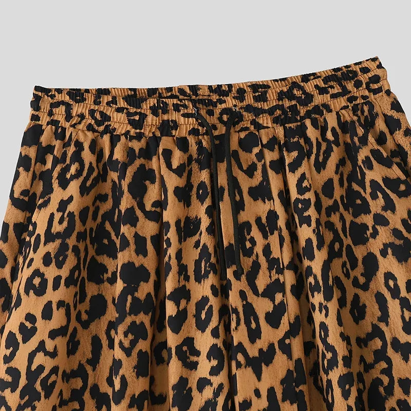 Men Wide Leg Pants Leopard Printing Drawstring Joggers Casual Trousers Men Streetwear 2025 Oversize Pleated Long Pants INCERUN