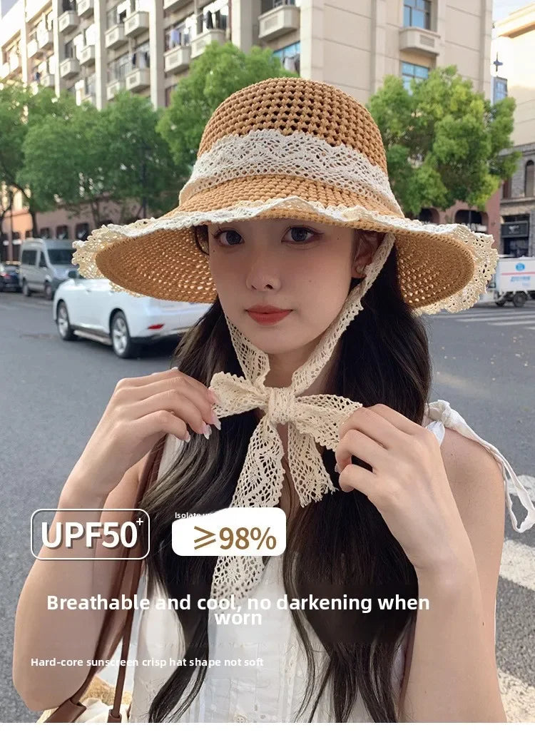 Sunscreen Hat for Women Summer Outdoor Sun Hat Large Brim French Lace Straw Hat Woven Vacation Beach Hat