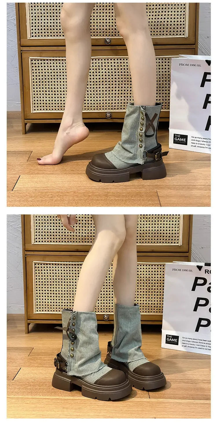 Women Boots British Fashion Pants Leg Boots  New Thick Soled Rivet Zipper Belt Buckle Platform Anti Slip Cowboy Short Boots
