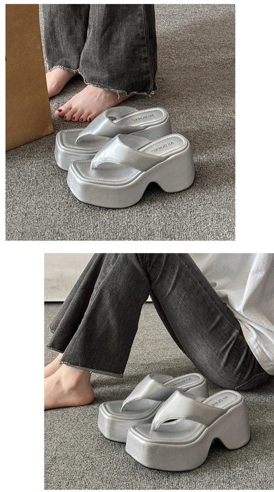 Women's Summer Outdoor Platform Sandals Flip Flops High Heel Thi Bot Clog oes Heightening Slippers Korean Sle PU Mat...