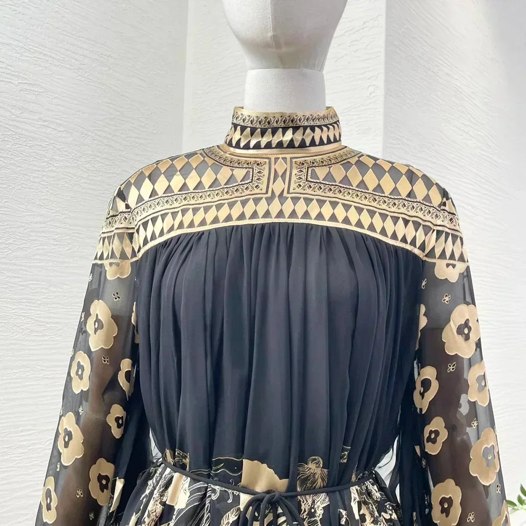 Print Long Sleeve Stand Collar Women Mini Dress Cotton Silk 2025 Autumn High Quality New Holiday Collection Black