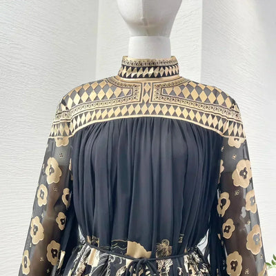 Print Long Sleeve Stand Collar Women Mini Dress Cotton Silk 2025 Autumn High Quality New Holiday Collection Black