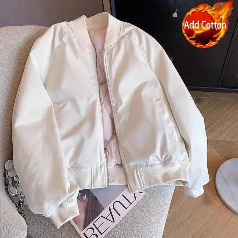 Bomber Jacket for Women Winter Zip-up White Plain Loose Baseball Aviator Coat
