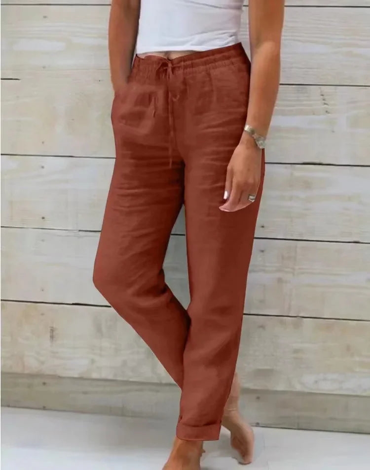 2025 Women's New Cotton And Linen Trousers Women's High Waist Elastic Casual Trousers Fashionable Street Breathable Loose Pants