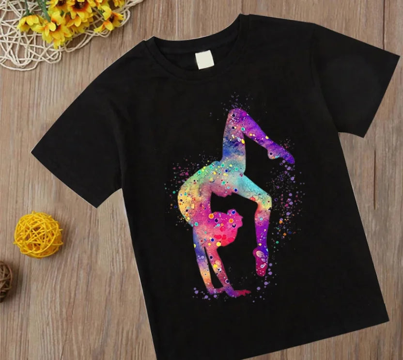 Watercolor Gymnastics Girl Printed Cute Children's T-shirt Children's Black T-shirt Exercise Enthusiast Birthday Gift