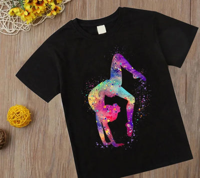Watercolor Gymnastics Girl Printed Cute Children's T-shirt Children's Black T-shirt Exercise Enthusiast Birthday Gift