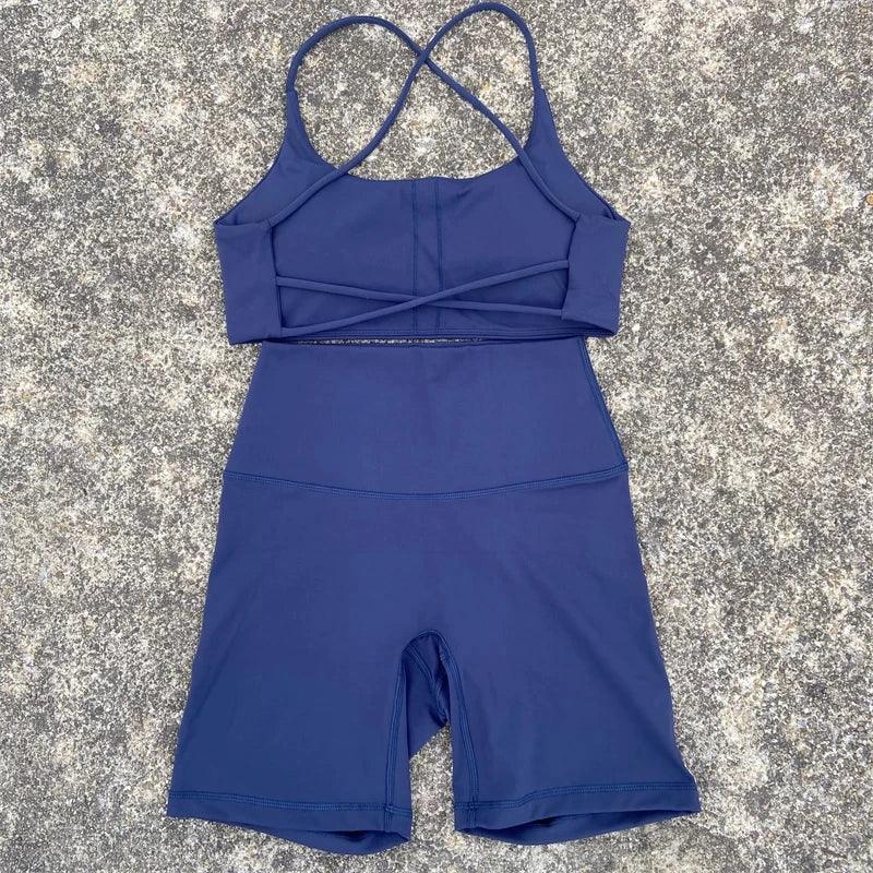 2 Piece Gym Sports Set Women Yoga Shorts Set Workout Outfit Fitness Suit Cross Straps Bra High Waist Shorts Running Tracksuit